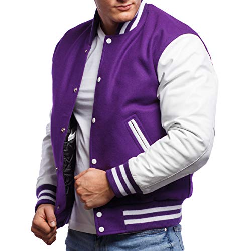Image of Varsity Base Letterman Jacket (Purple Wool, White Leather, Small)
