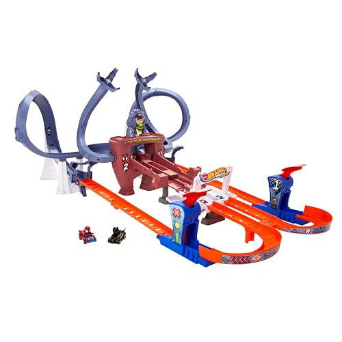 Hot Wheels Telaraña de Spider-Man de RacerVerse, Pista para Coche de Juguetes, con Dos Pilotos, +4 años (Mattel HPL34)