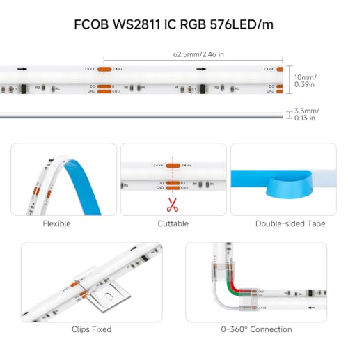 BTF-LIGHTING FCOB COB RGB WS2811 IC Addressable LED Strip DC24V 3m 576LEDs/M 10mm White PCB Chasing Colour Flexible High Density LED Rope IP66 Waterproof for Indoor Decoration(Only LED Strip) - Image 2