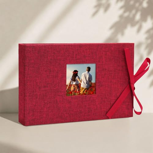 Vienrose Small Photo Album 4x6, Mini Picture Book with 26 Pockets Holds 52 Photos, Linen Cover Slip-in Photo Book with Display Window for Travel Wedding Memories, Postcards Photobook Red 1 Pack