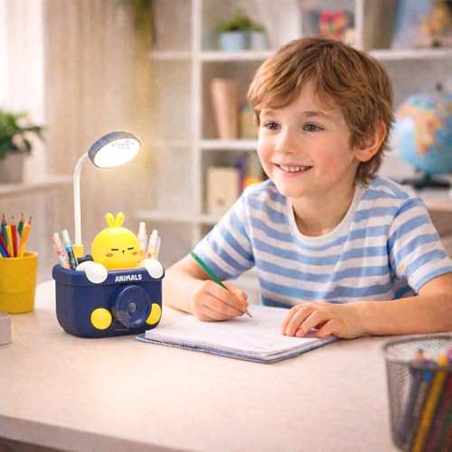 Image of WISHKEY 3 in 1 Night Lamp USB Chargeable Light for Bedroom, Night Lamp for Kids with Pencil Sharpener & Pen Holder Stand Girls & Boys, Plastic Design for Child's Room Blue