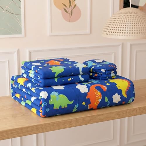 Image of Filymore Dinasour 8 Pieces Diwan Set for Kids and Living Room Made with Pure Microfiber Package Contains One Single Bedsheet, 5 Cushions Covers and 2 Bolster Covers (Colour -Blue)