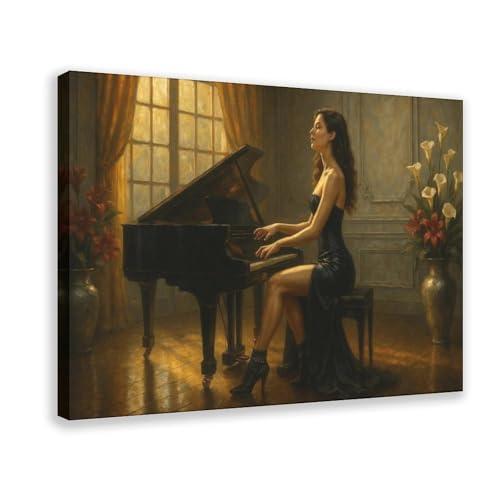 Toile d'art femme au piano impression haute définition 40x61 cm