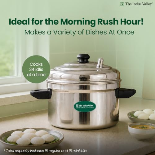 Image of The Indus Valley Stainless Steel Idli Maker | Includes 4 Idli Plates + 1 Mini Idli Plate | Makes 34 Idli | Perfect for Idli, Momos & Idiyappam | Induction and Gas Compatible