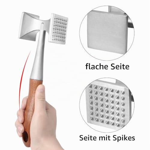 Foto von Asdirne Fleischklopfer, Schwer Belastbar Fleischhammer, Steakhammer mit Holzgriff und Lebensmittelechter Zinklegierung, 2 in 1 Fleischklopfer, 26 CM
