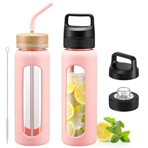 Kodrine 24 oz Glass Water Bottle with Straw, Clear Water Bottle Chug Lid and Bamboo Straw Lid, Borosilicate Glass Bottle 2 Lids Handle Top, Wide Mouth Water Bottle With Silicone Sleeve, Pink