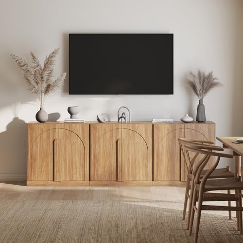 Image of BELLEZE Bijou Modular Media Console Wall Unit (94.5 inch Wide)-Extra Long Entertainment Center & Storage System-Arched Door Sideboard for Living Room & Office-Hides All Clutter, Camel