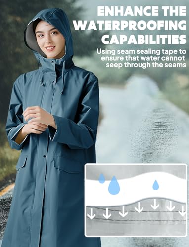 ANYOO Damen Regenjacke Regenmantel Wasserdicht mit Kapuze, Leichter Lange Regenponcho Windbreaker Regenbekleidung, Meer Blau, Einheitsgröße