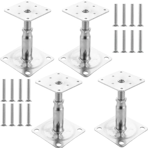 SENENQU Lot de 4 Supports de Poteau Bois, Galvanisés Réglables en Hauteur 100 à 150 mm, 75 x 95 mm à visser, Pied de Poteau Reglable pour Clôtures, Abris, Pergolas