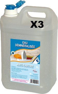 Lot de 3 bidons de 5 litres d'eau déminéralisée à 100%, bidon bec verseur robuste et recyclable, idéale pour Appareils Ménagers