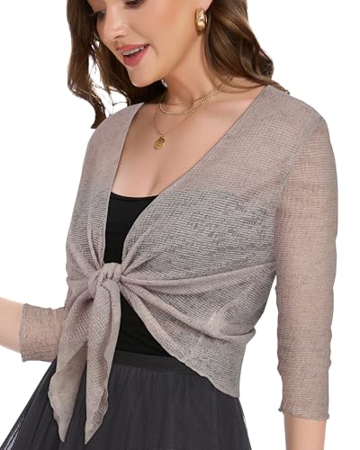 Image of Women Crop Cardigan Sheer Mesh Bolero Shrug for Dress Tie Front 3 /4 Sleeve Tops