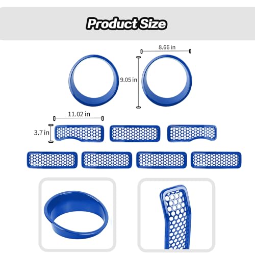 Image of JeCar Mesh Grill Inserts & Headlight Covers Fit for 2024+ Jeep Wrangler JL Grill Covers Trim Accessories (9pcs Blue)