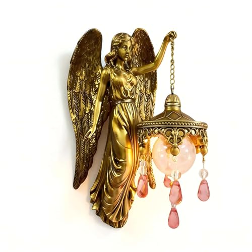Kedymai Angel Wall Lamp Vintage Guardian Angel Light with Frosted Crystal & Wings Battery Operated Decorative Wall Sconce with Switch Wall Dcor for Bedroom Living Room Corridor Chapel & Hotel