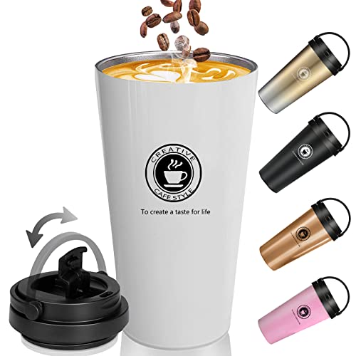 Reisebecher, isolierte Kaffeetasse, wiederverwendbar, mit auslaufsicherem Deckel und Griff, doppelwandiger Vakuum-Edelstahl-Auto-Kaffeetasse für heißes und kaltes Wasser, Kaffee und Tee, 500 ml (weiß) Cover