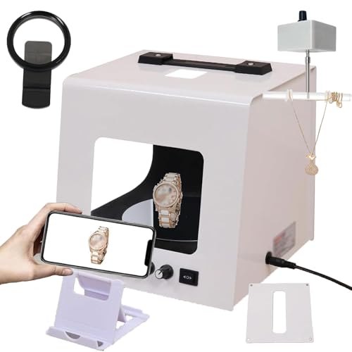 VFMVOYNZ Mini Estudio fotográfico con Caja de luz, Kit Profesional para fotografía, Ideal para Colocar y Colgar Joyas, Plato Giratorio eléctrico con Velocidad Ajustable, luz Ajustable