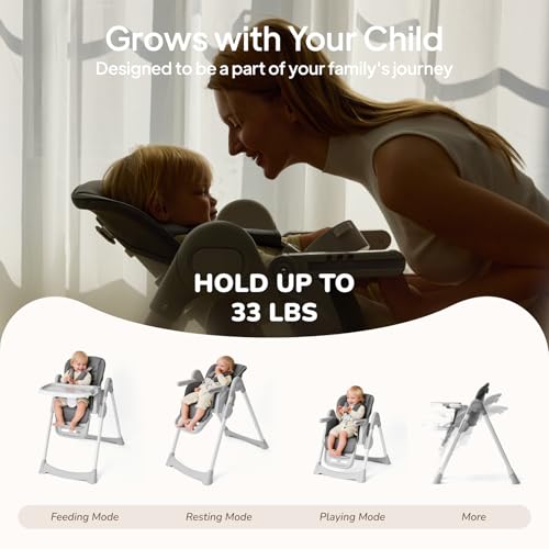 Image of Tinyiota 4 in 1 High Chairs for Babies and Toddlers with Wheels, 8-Height Adjustable & 3-Position Recline, Easy Clean, Dishwasher Removable Tray, Foldable HighChair for Infant, Meets ASTM Safety, Grey
