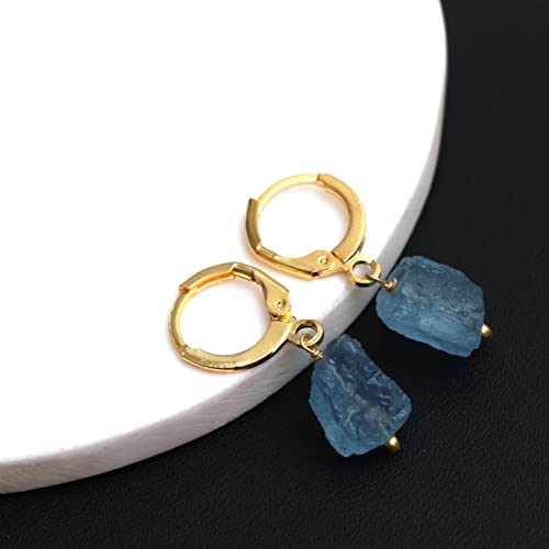 Gempires Raw Aquamarine Hoop Earring, Handmade Gemstone Jewelry, 14K Yellow Gold Plated, Dangle Earring For Women (Aquamarine) #TOP2