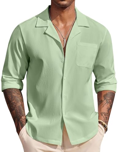 Image of DEELMO Mens Casual Button Down Shirt Summer Beach Shirts Long Sleeve Cuban Collared Tropical Textured Shirts