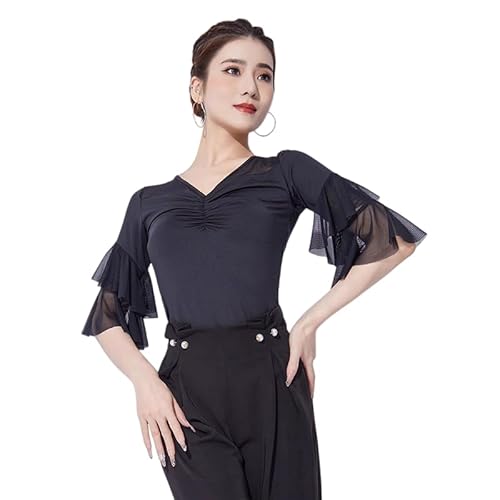 Yhhsgscr Women's Medium Sleeve Latin Dance Tops V Neck Tango Ballroom Dancing Clothing Training Outfit for Rumba Slim Fit,Black,XL