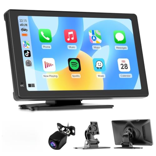 Haudio 7 Inch Portable CarPlay Screen for Car, Wireless Apple CarPlay & Android Auto, 1024 x 600 Touchscreen, 1080P AHD Backup Camera, Bluetooth 5.0, Voice Control, FM Transmitter & AUX