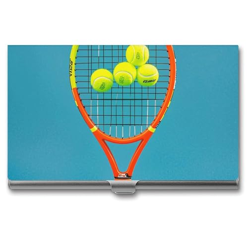 RKJVB Business Card Holder Funny Tennis Racquets And Tennis Balls Slim Business Card Case Professional Name Card Holders Purse Name Card Organizer Minimalist Pocket Card Cases for Men Women