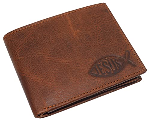 Jesus Fish Men's RFID Blocking Genuine Leather Bifold Trifold Ichthys Wallet (Bifold)