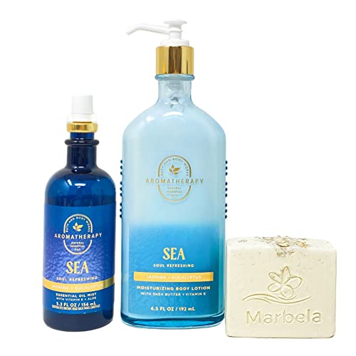 Bath & Body Works Aromatherapy Sea Soul Refreshing JASMINE + EUCALYPTUS 2 Piece Gift Set - Body Lotion and Essential Oil Mist - with a Natural Oats Bar Soap - Full Size