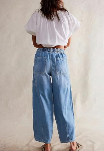 ebossy Barrel Jeans for Women Elastic Waist Baggy Loose Boyfriend Cropped Denim Pants with Drawstring2