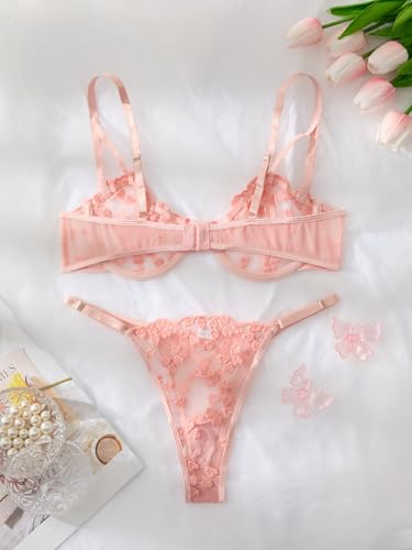 Image of Lilosy Sexy Underwire Cute Push Up Strappy Embroidered Mesh Sheer Lingerie Set See Through Panty Bra
