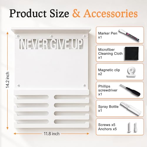 Image of Running Medal Hanger Display with Trophy Shelf, Never Give Up Race Medal Display with Photo or Race Bib Holder, Writable Goal Area, Wall Mounted, White
