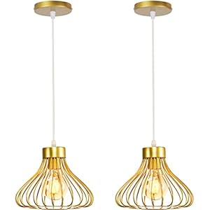 iDEGU Lot de 2 Suspension Luminaire Industrielle Lustre Plafonnier Abat-jour en Métal en Forme de Cage Vintage Lampe pour Cuisine Salle à Manger Salon Chambre Bar Couloir Restaurant (Cage A 23CM Doré)