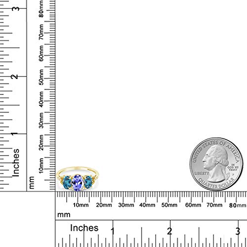 Gem Stone King 10K Yellow Gold Oval Blue Tanzanite London Blue Topaz and Diamond 3-Stone Women Engagement Ring (1.97 Cttw, Gemstone Birthstone, Available In Size 5, 6, 7, 8, 9)3