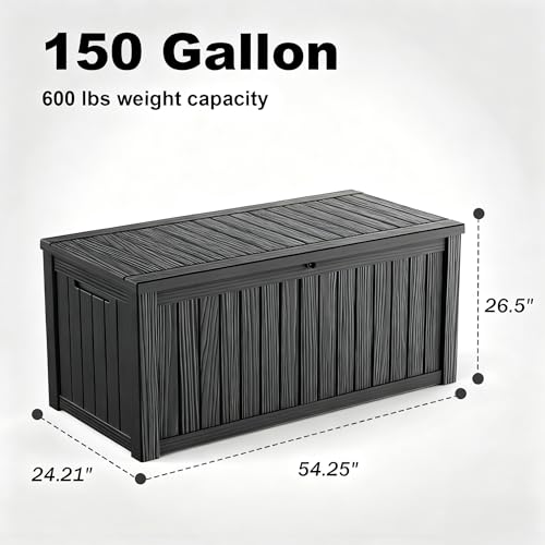 Image of 150 Gallon Waterproof Outdoor Storage Box, UV Resistant Resin Deck Box with Hydraulic Rod for Reinforced Stability, Perfect for Patio, Garden, and Pool, Striped Black