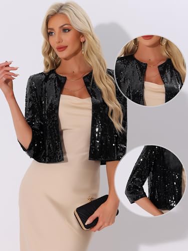 Allegra K Sequin Jacket for Women's Sparkly Party 3/4 Sleeve Open Front Crop Bolero Shrug Cardigan2