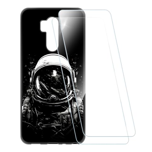 ESCAMOT Funda Estampada + 2 Protectores de Pantalla Vidrio Templado Compatible con LG G7 One, Carcasa Suave Antigolpes y Película HD (Astronauta)