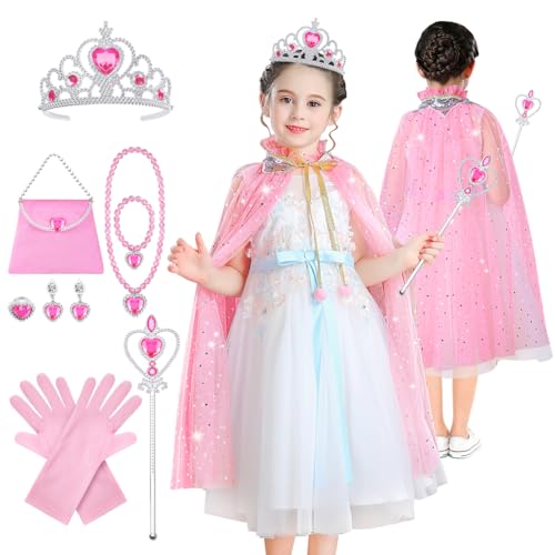 AOMIG Capa princesa menina, capa colorida de princesa, capa de tule com lantejoulas com coroa varinha mágica, colar, anel, brincos, luvas e saco, para o Halloween carnaval aniversário festa (rosa)