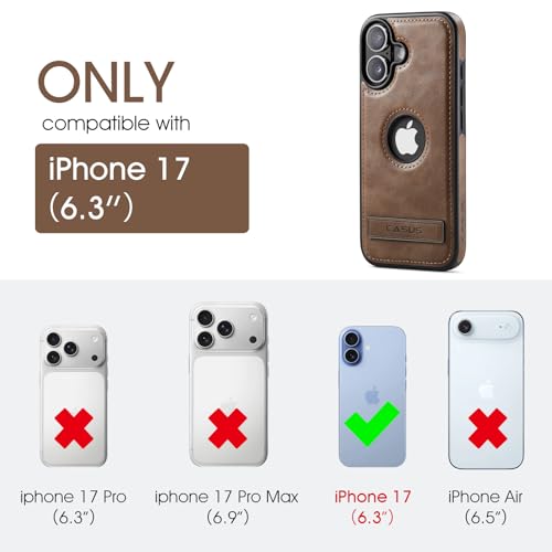 Image of Casus for iPhone 17 Case with MagSafe, Slim Kickstand Vegan Leather Protective Cover with Tempered Glass Screen Protector, 6.3 Inch (2025), Gray
