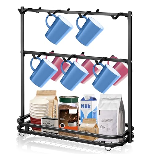 JAMHEXOU Coffee Mug Holder Stand Countertop, Tree Rack for 14 Mugs, 2 Tier Counter Display Storage, Metal Wire Tea Cup Holder for Coffee Station Kitchen Organizer with Heavy Duty Metal Base