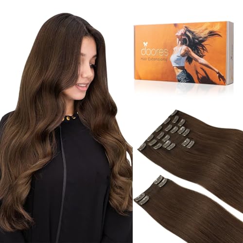Image of DOORES Human Hair Clip Extensions, Chocolate Brown 150g 9pcs 16 Inch, Remy Human Hair Extensions Natural Straight