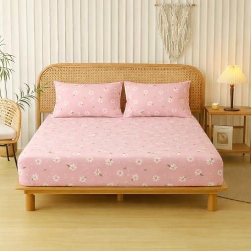 Image of Designer Floral Printed Flat Bedsheet for Double Bed 200tc to 220tc | Ultra Soft Cotton Fabric | King /Queen Size Top Sheet with 2 Matching Pillow Covers - 228 x 228 Cm, Light Pink