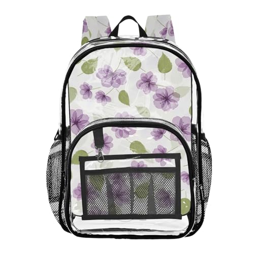 Purple Flora Flowers Leaves Beige Travel Clear Bags for Women Kids Girls Backpack Boys Approved Transparent Bag