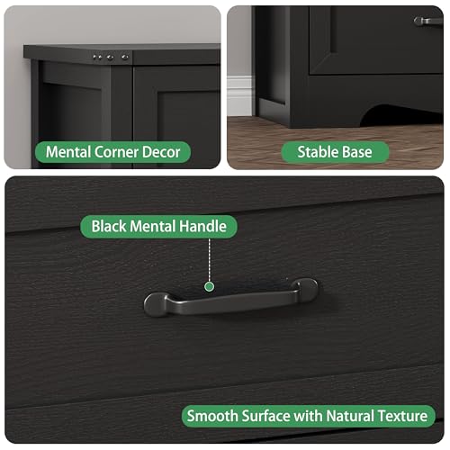 Image of Nightstand with 3 Drawers, 24 inch Wide Farmhouse Bedside End Table, Rustic Wood Side Table Night Stand with Mental Handle, Tall Modern Small Dresser Chest of Drawers for Bedroom, Living Room, Dorm, Black