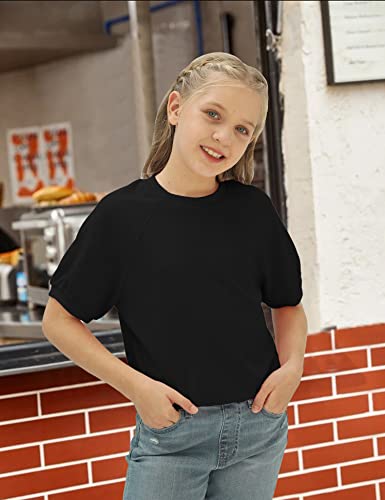 Image of Kids Girls Cute T-Shirt Short Puff Sleeve Basic Solid Casual Loose Pullover Ribbed Cuffs Hem Tees