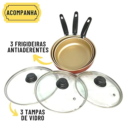 Conjunto Frigideira Antiaderente 3 Peças Com Tampa De Vidro (Cereja)