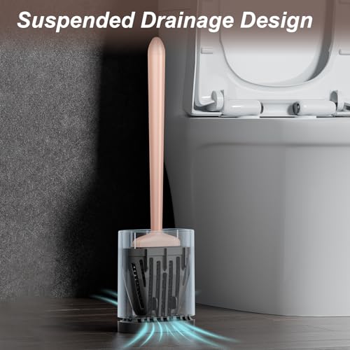 Image of Sellemer Silicone Toilet Brush, Ventilation Slots Holder 1 Pack, Rose Gold | Flexible Bristles Flat Head for Rim, Hair Tangle-Free, Easy to Clean, Compact Design, Rustproof Handle, for Toilet /Sink /Tub