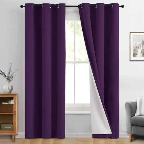 Image of Yakamok Purple 100% Blackout Curtains 84 Inches Long for Bedroom 40 inch Wide | Blackout Curtain Panels for Bedroom, 2 Thick Layers Grommet Top Thermal Insulated Drapes with White Back for Living Room