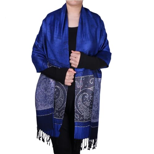 Women Tow Tone Pashmina Reversible Paisley Shawl Wrap Jacquard Scarf w/Fringes