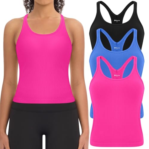 Missclub Workout Tops Tanks with Built in Bra Ribbed Longline Sports Bra Crop Tops for Women Yoga Gym Athletic Shirts
