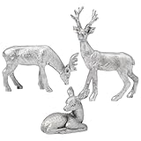 DN DECONATION Reindeer Christmas Decoration Figurines, Vintage Deer Statue – 3pcs Silver Xmas Reindeer Decor for Table Centerpieces, Home, Room & Indoor Resin Christmas Deer Winter Decorations
