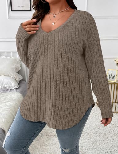 Image of Koscacy Women Plus Size Casual Knit Sweater V Neck Solid Color Tops Lightweight Long Sleeve Blouses